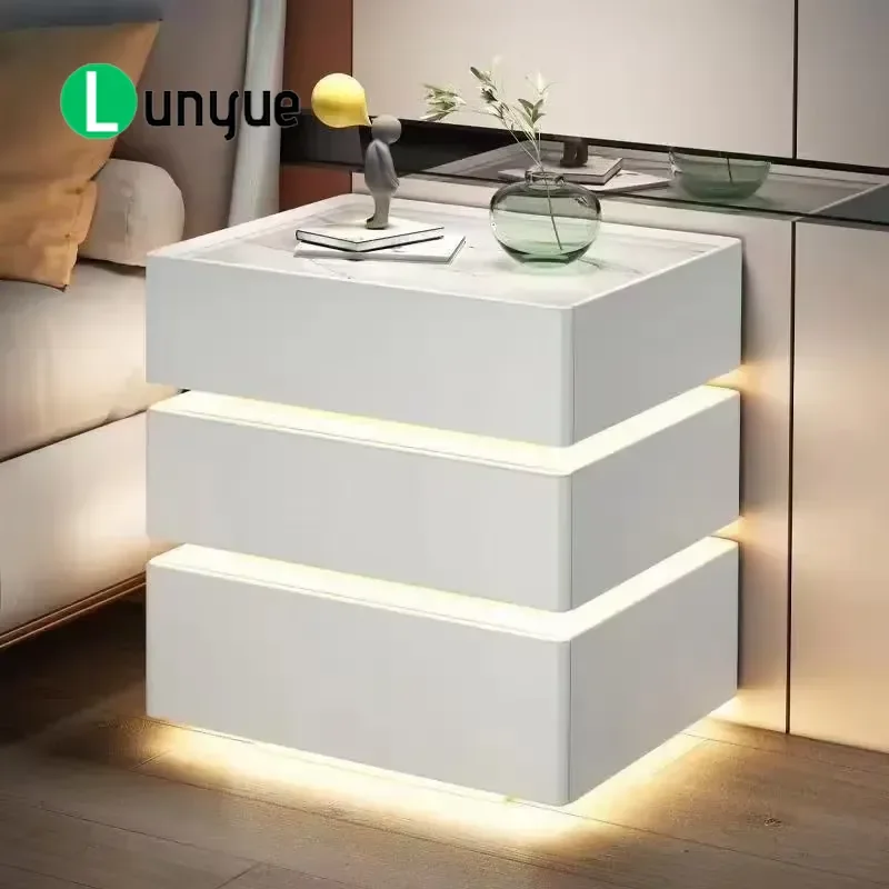 Modern White LED Bedside Table with Bluetooth Speaker and Password Lock Smart Nightstand for Bedroom Luxury Stylish Design