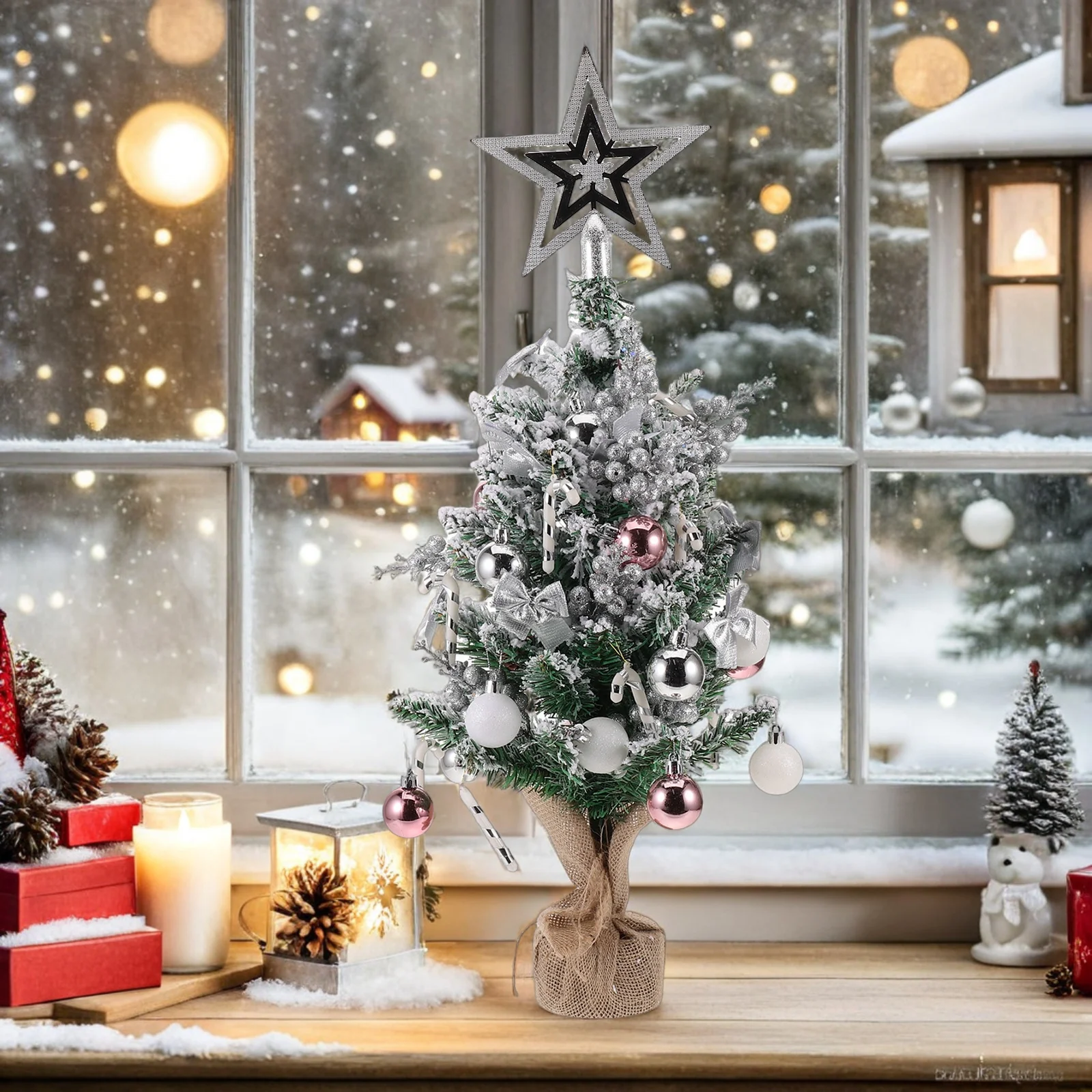 

Mini White Flocked Christmas Tree Tabletop Small Pinecones Bowknot Ornament Indoor Xmas Decoration Silver Without Lights