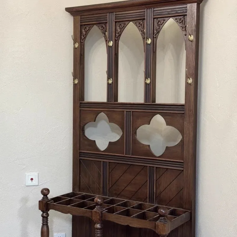Medieval solid wood to make old side cabinets American high-footed wine cabinets retro engraving display dishes