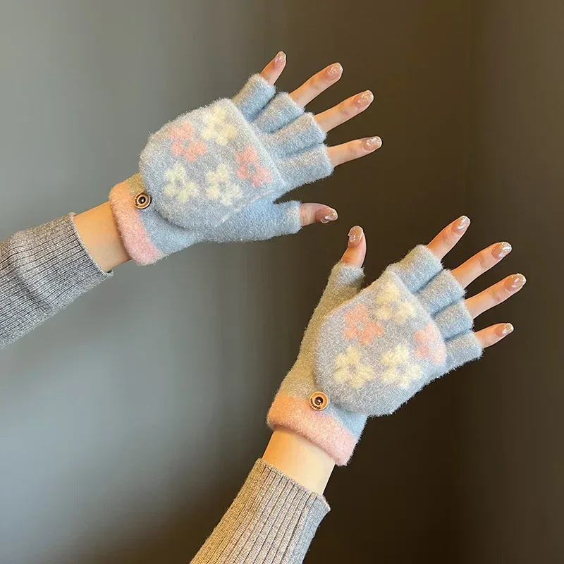 Guantes cálidos con solapa para mujer, guantes de medio dedo, lindos guantes de felpa sin dedos, Invierno para estudiantes