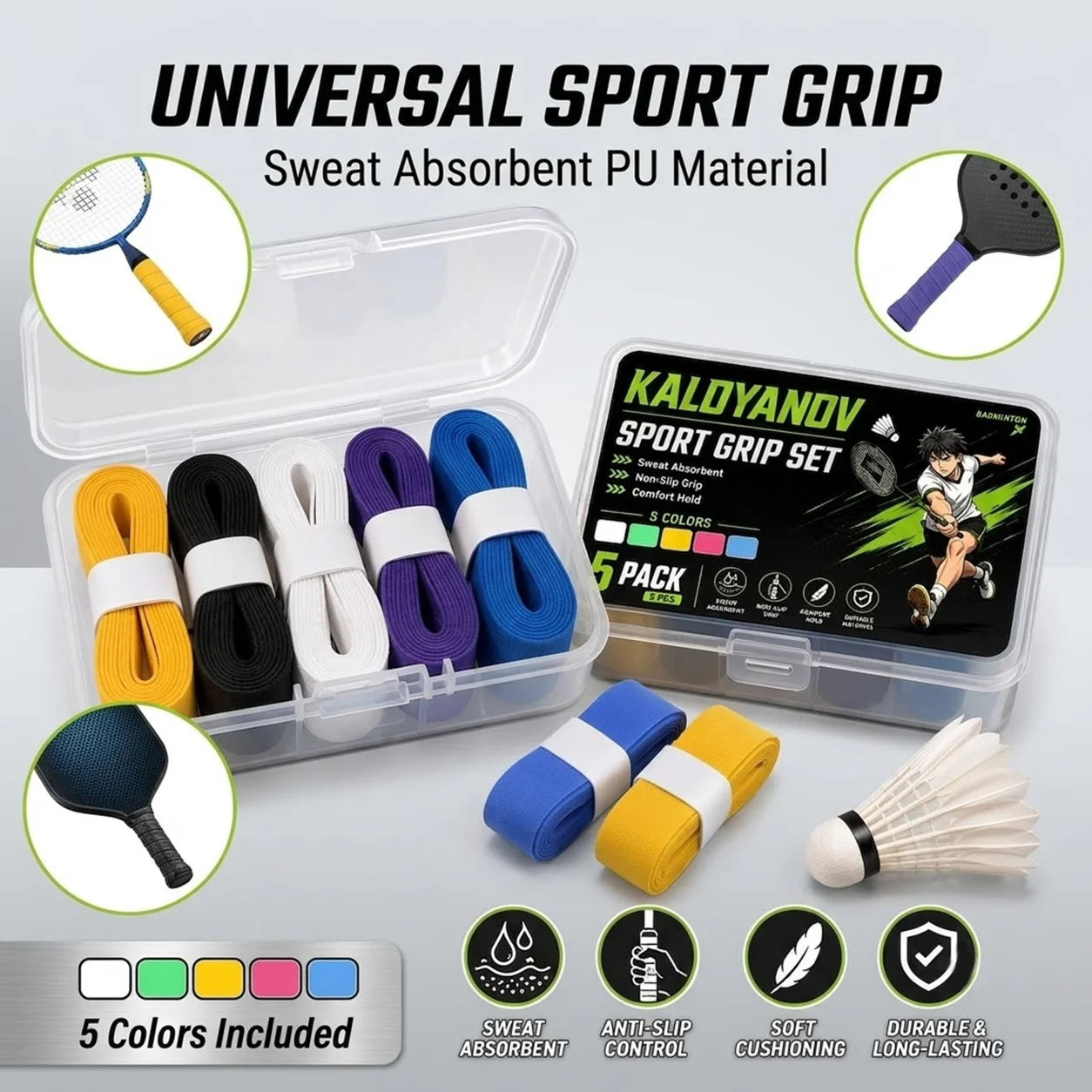 Badminton Materi - KALOYANOV 5PCS Badminton Overgrip Tape, Sweat-Absorbent