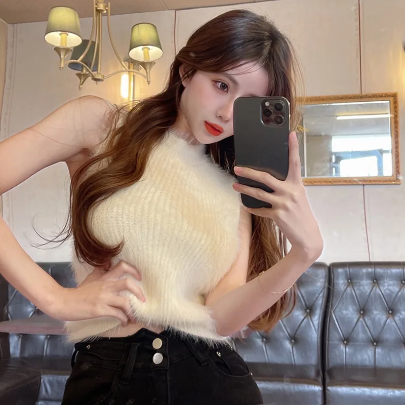 New Korean Sexy Slim Sleeveless Vest  Vintage Soft Mink Fleece Knit Pullovers Crop Sweater Vest Womne Female Tops