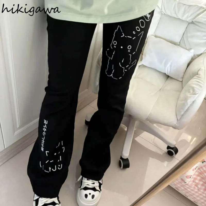 2024 New Bottoms Japanese Cute Y2k Pants for Women Anime Print Black Trousers High Waist Casual Fashion Harajuku Pantalon Femme