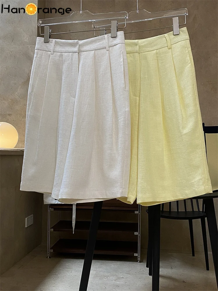 HanOrange 2024 Summer Lazy Knee Length Ramie Pants Women High Waist Wide Leg Shorts Loose Light Breathable Casual Female