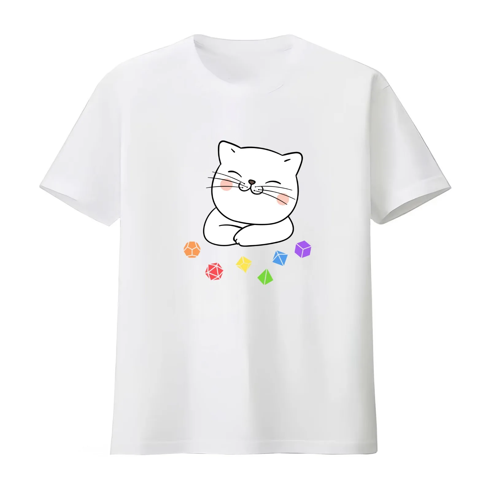 Rainbow Dungeon Meowster Kitten with Polyhedral Dice Set T-Shirt Summer Casual Cotton Tee Oversized Streetwear Tops