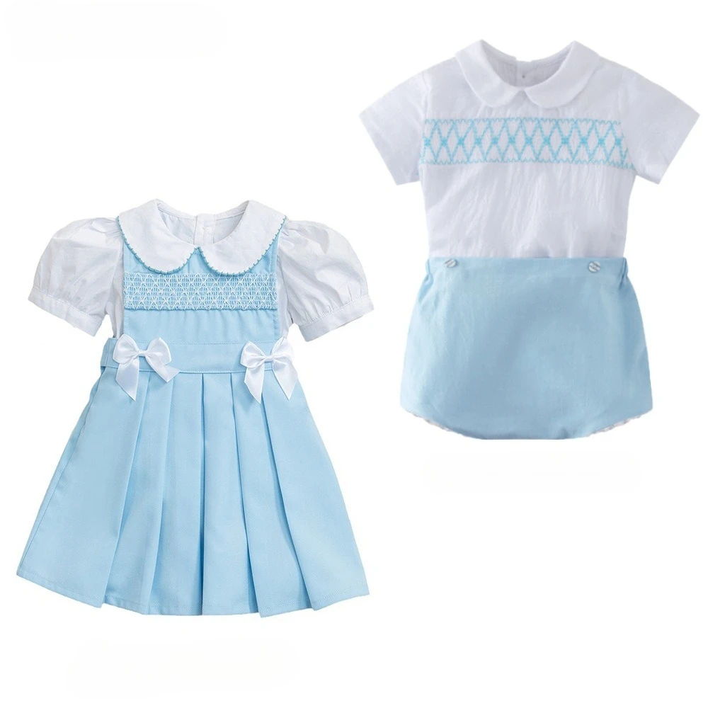 2026 Kids Brother Sister Set Spanish Style Embroidered Smock Short Sleeve Clothing Boys Girls Matching Unisex Cotton Outfits