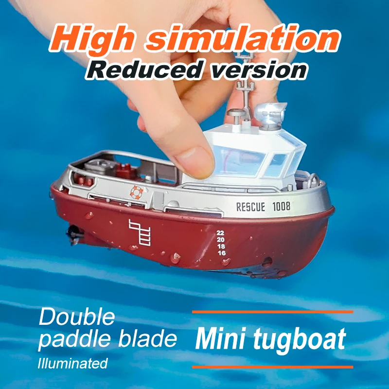 

1:32 RC Boat With Lights Powerful Dual Motor 2.4G Long Range Wireless Remote Controlled Tugboat Model Toy for Boy Girl Gifts