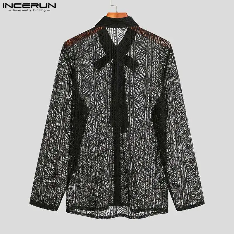 Stylish Casual Style Tops INCERUN 2024 Mens Vertical Strip Hollow Blouse Sexy See-through Lace Striped Long-sleeved Shirts S-5XL