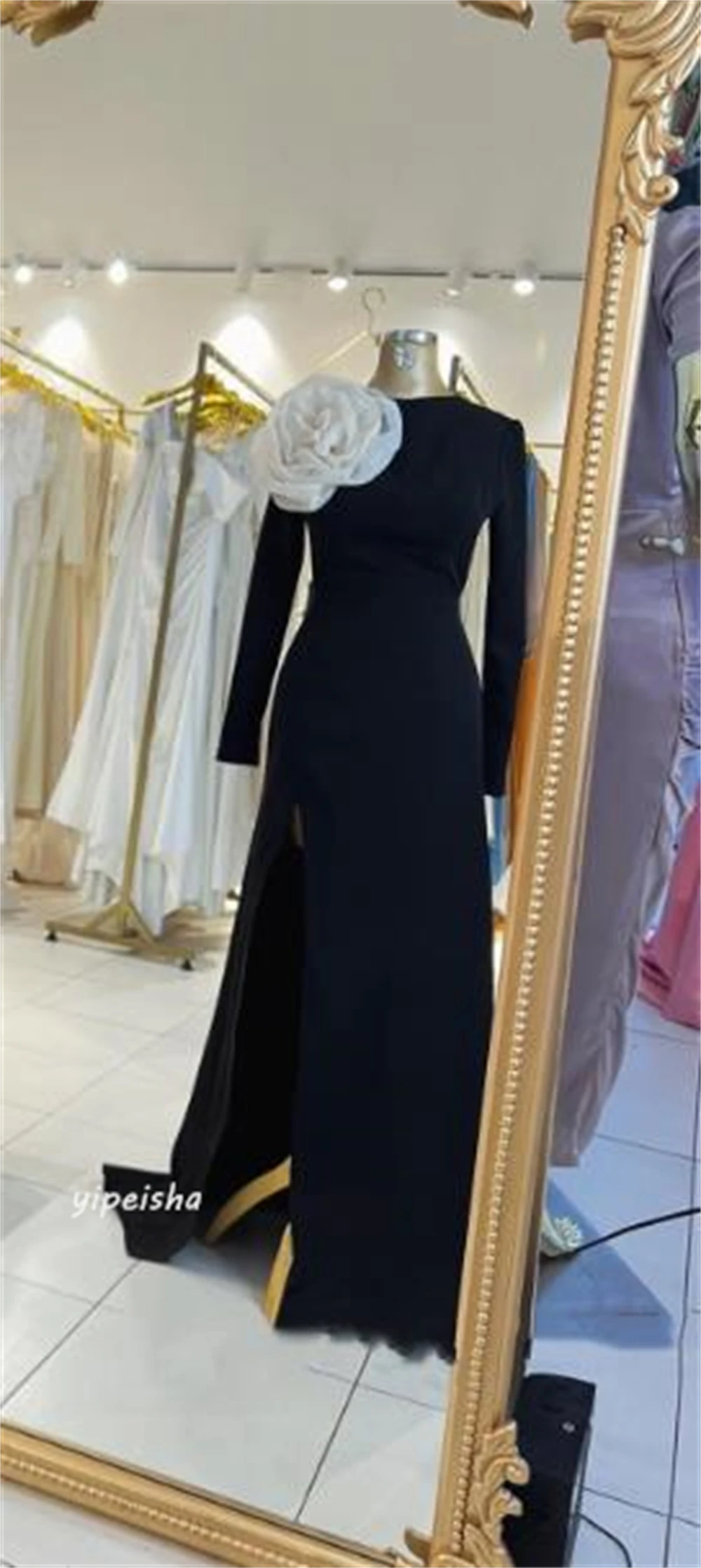 Jersey Flower Ruched Engagement A-line High Collar Bespoke Occasion Gown Long Dresses