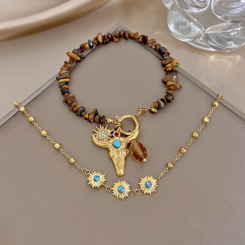 Retro Natural Stone Stainless Steel Beaded Bracelet for Women Ethnic Style Stackable Sun Bull Head Pendant Bracelet Jewelry Gift