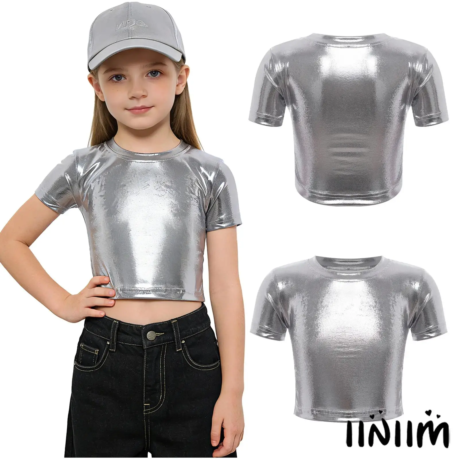 Kids Girls Hip Hop Jazz Dance Top Costume Round Neck Short Sleeves Ruched Metallic Crop Tops for Cheerleader Street Dance Wear