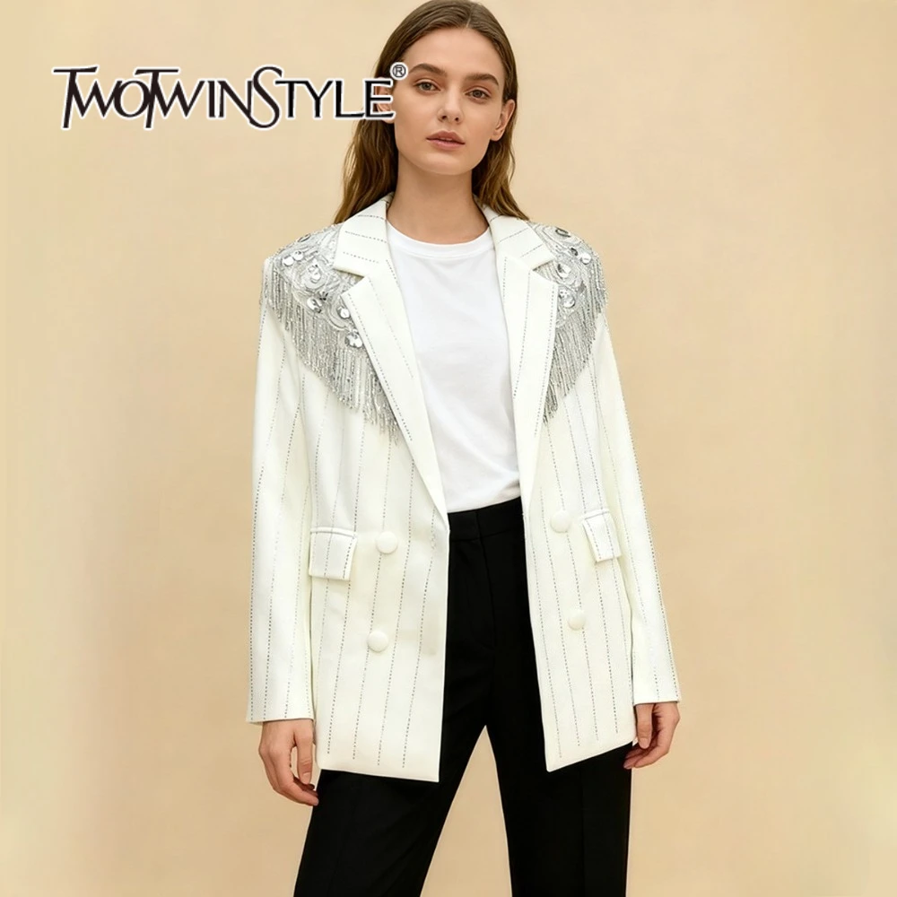 

TWOTWINSTYLE Loose Spliced Tassels Fashion Blazers for Women Lapel Long Sleeves Patchwork Bright Line Elegant Blazer Female New