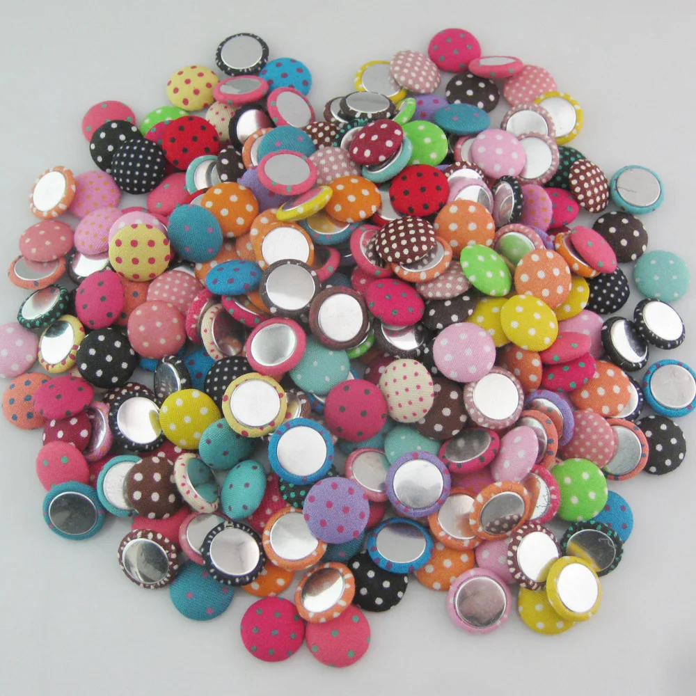 NBNOGO 50Pcs Multicolors Mix 15MM Flatback Covered Cloth Buttons Polka Dots Printed Garment Accessory