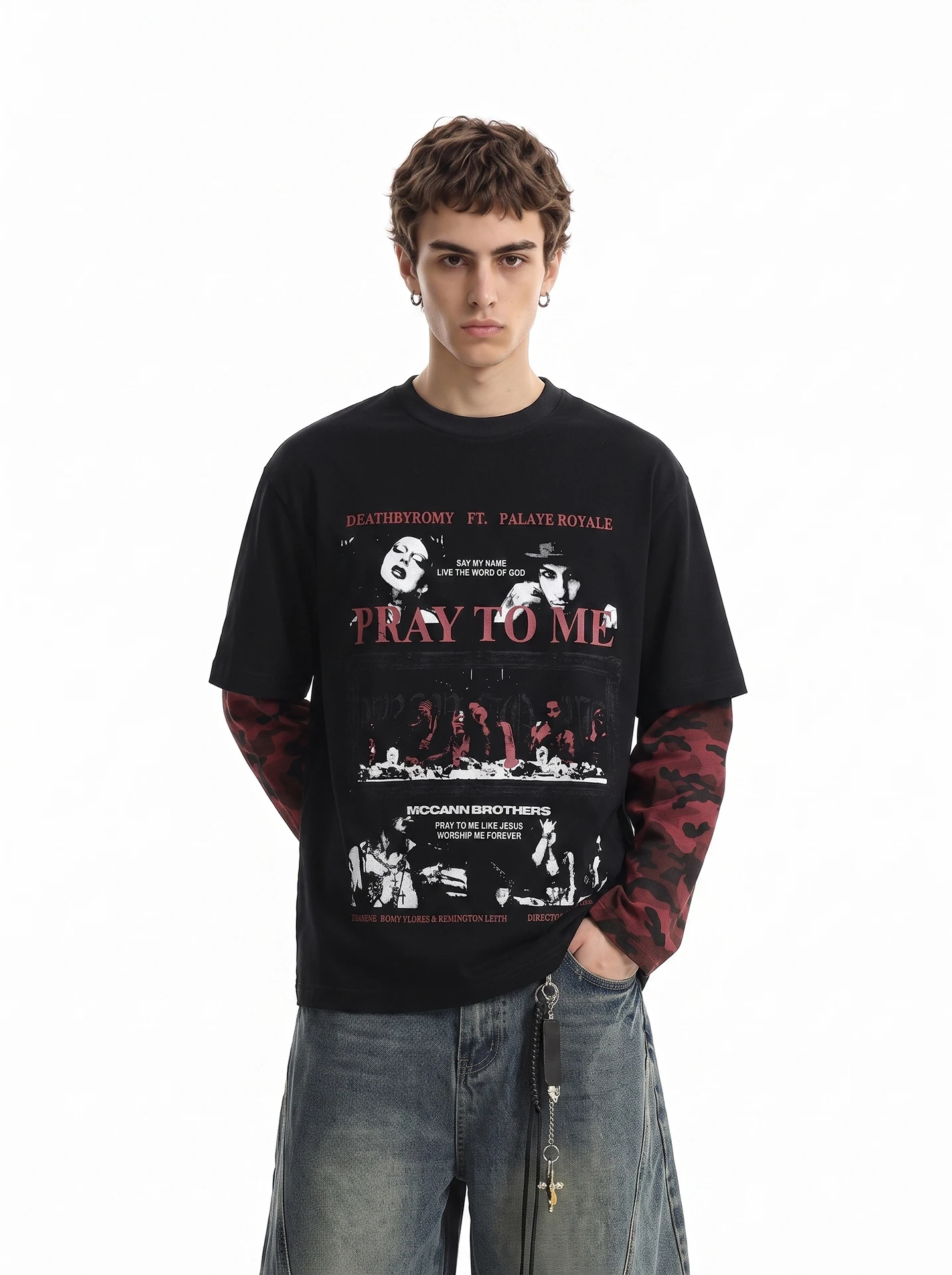 BETEBULE American High Street Subculture Print Camouflage Long Sleeve Men's T-shirt Vintage Fake Two-Piece Short Wide Top
