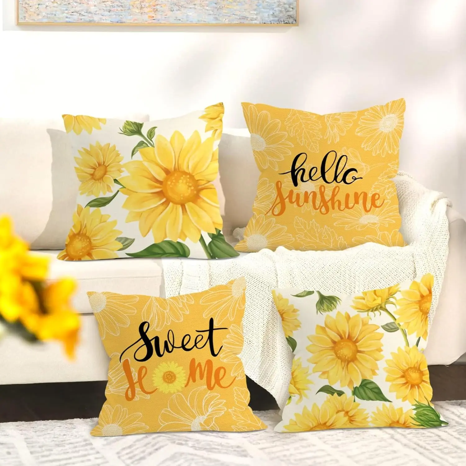 4PCS Yellow Sunflower Pillow Covers Set Boho Floral Polyester Throw Cushions Home Decor Accent Pillows for Living Room Sunshine