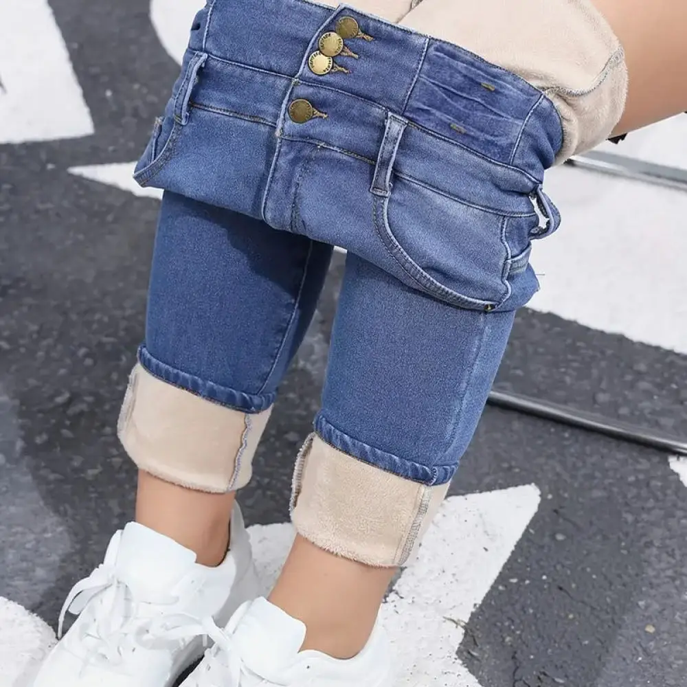 Fashion Winter Fleece Lined Jeans Women Slim Fit Elastic Pencil Pants Mid Waist Button Detail Casual Blue Denim Streetwear