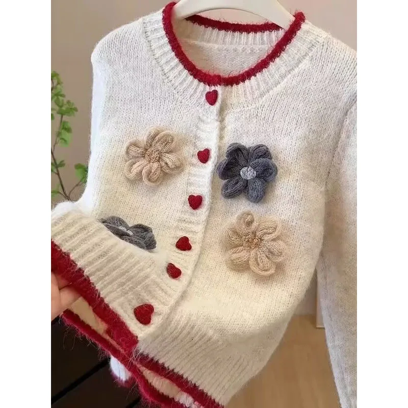 

Spring Autumn Women Short Cardigan Sweater Casual Long Sleeve 3D Flower Soft Knitted Cardigans Ladies Soft Sweater Coat