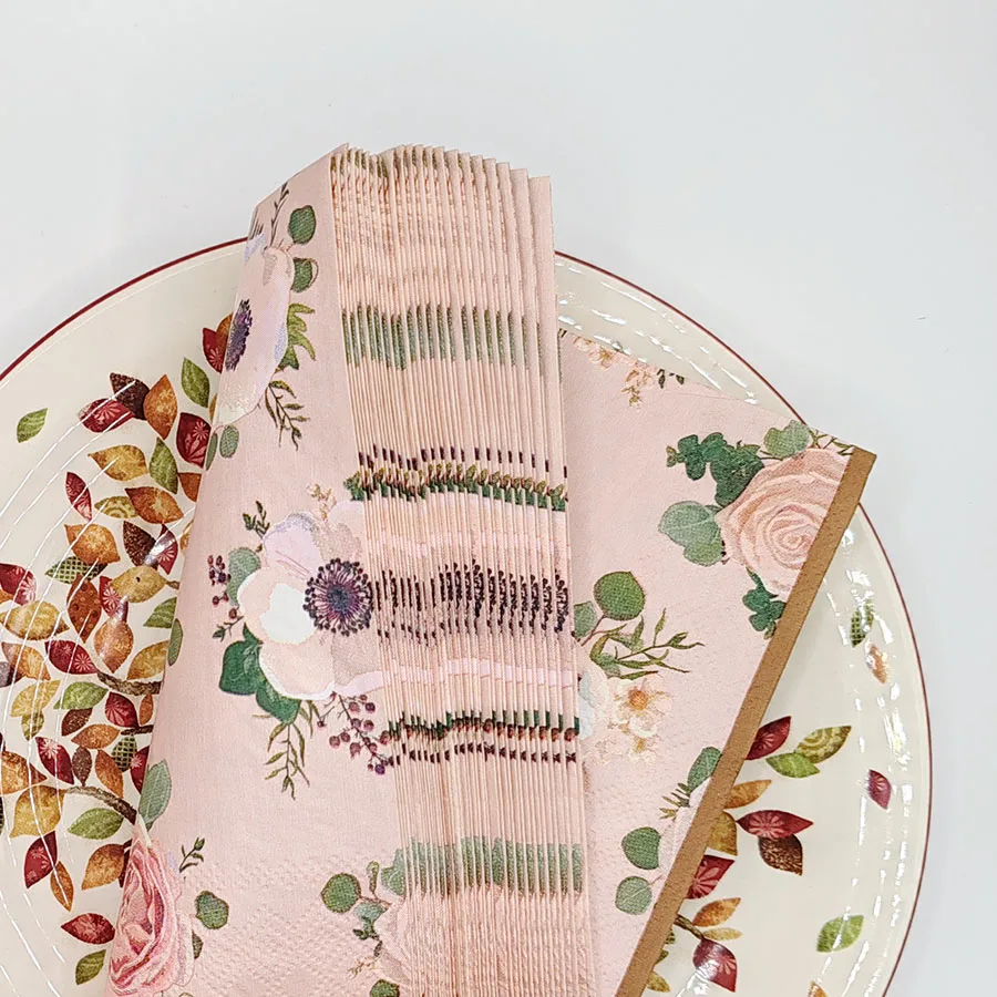 10/20 قطعة مناديل الأزهار خمر الوردي الوردي وطباعة شقائق النعمان مع الحدود البنية ، 3-Ply 33 سنتيمتر المناديل لديكور طاولة الحفلات الرومانسية