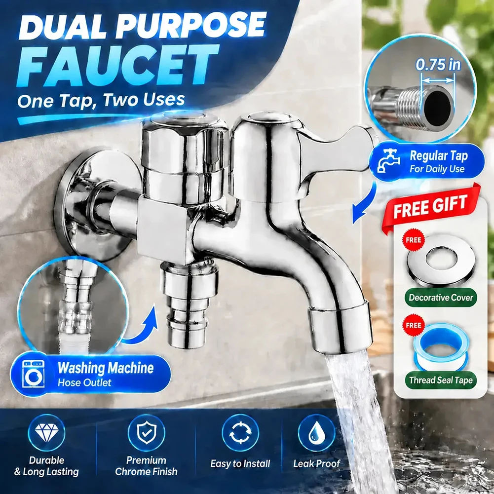 Stainless Steel Faucet Double Outlet Dual Control Water Tap One in Two Out Faucet 0.75in Bidet Faucets Bathroom Accessories