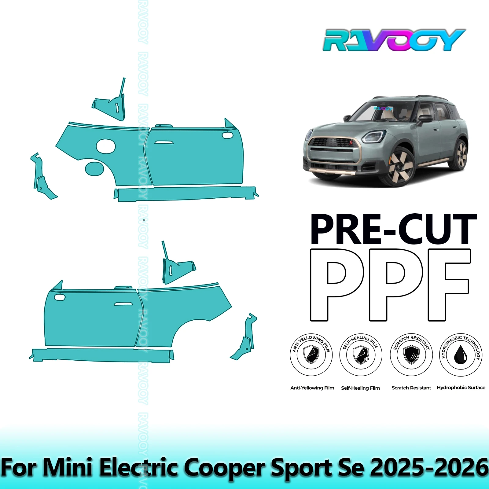 

For Mini Electric Cooper Sport Se 2025-2026 8.5mil Clear Matte Pre-Cut PPF Door & A/B Pillar Kit TPU Paint Protection Film Set