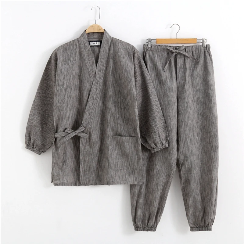 Kimono pijamas japonês 100% algodão 2 pçs conjunto yukata japão estilo samurai homem ninjya monge casa wear chef jardinagem workwear