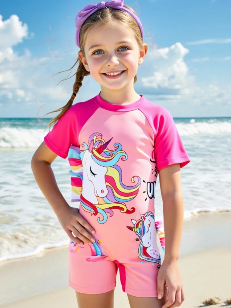 

One Piece Swimsuit Kids Girls 2025 New Pink Rainbow Horse Children Swimwear Summer Short Sleeve Beachwear Bathing Suit Swimming