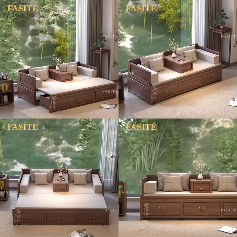 For New Chinese Style Ash Wood Arhat Bed Push Pull Retractable Tatami Sofa Dual Purpose Bed with Storage for Living Room
