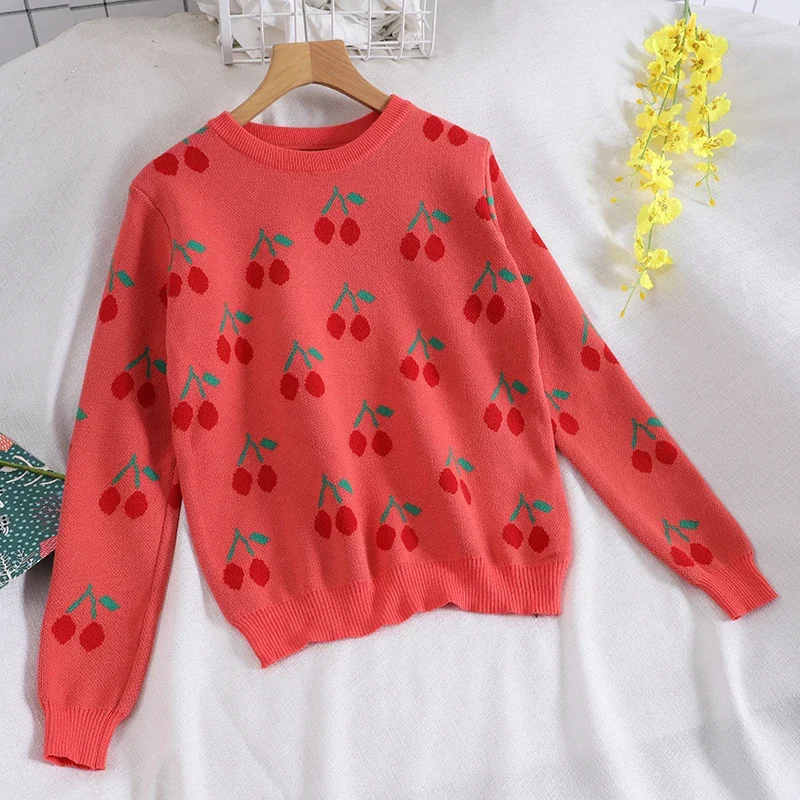 Suéter de punto de cereza para mujer, Tops holgados con estampado de estilo Preppy, jersey de cuello redondo elegante, prendas de punto de moda, Otoño e Invierno