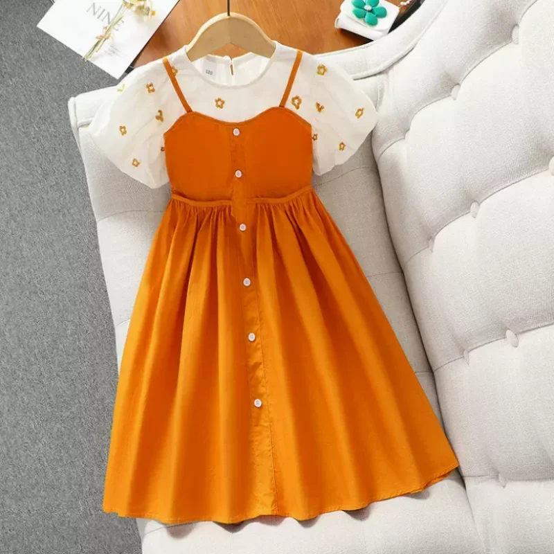 Girls Dress Summer Fashion Kids Dress Fake Two-piece Princess Dresses Children's Clothing Bubble Sleeves Girls Clothing 2-14Year