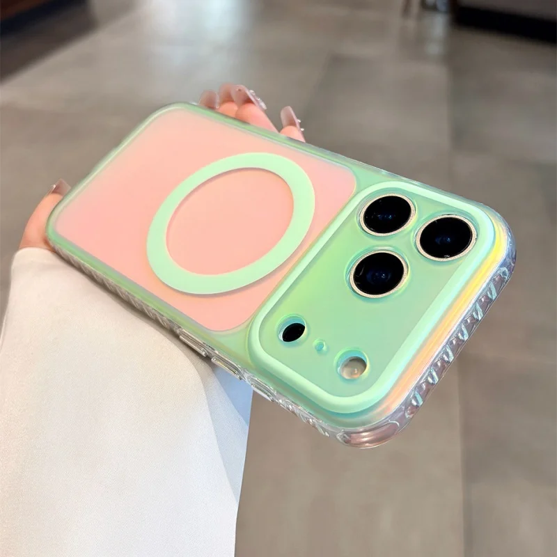Luxuriöse Laser-Aurora-Gradienten-Handyhülle für Magsafe für iPhone 18 15 16 17 Pro Max, magnetische kabellose Ladehülle mit hartschalenförmigem Bumper.