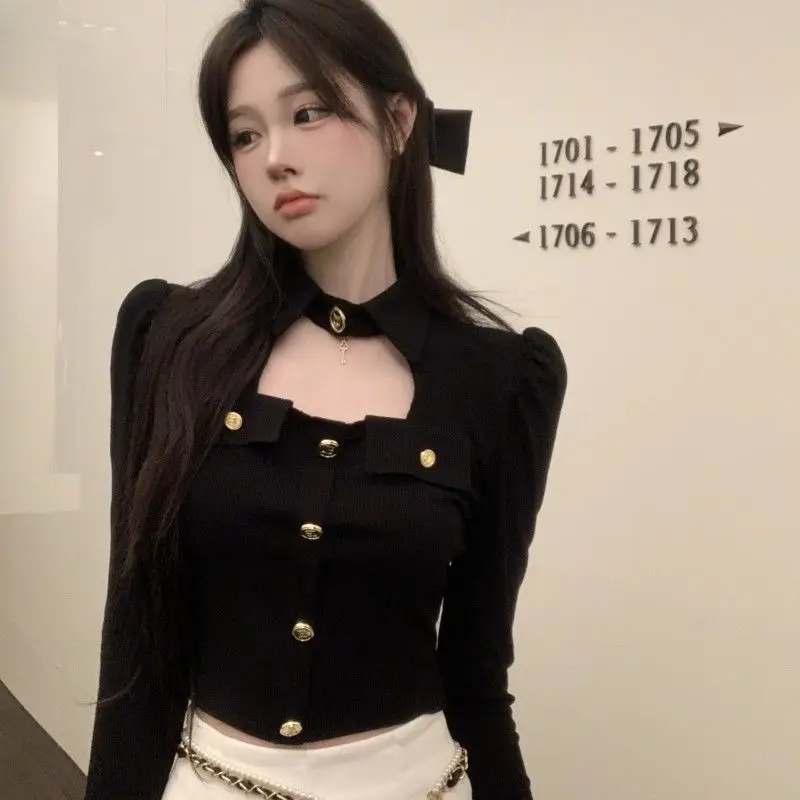 

Ladies Korean Hollow Out Slim Polo Collar Long Sleeve T-Shirt Women Fashion Sexy Solid Color Tops Casual Trend Bottoming Shirt