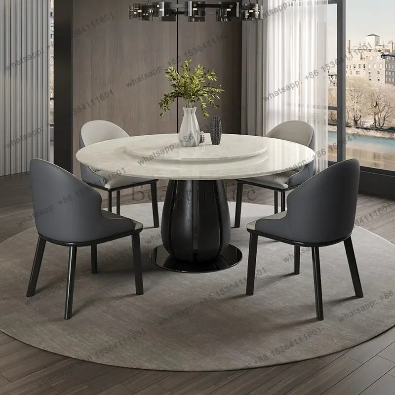 Luxury Solid Wood Natural Marble Countertop Dining Table And Chair Round Table Rotating Plate