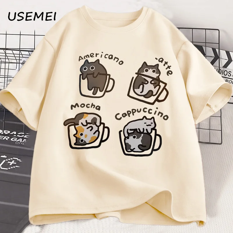 Funny Cute Coffee Cat Tshirt for Women Men Fashion Cotton Loose Short Sleeve T-shirt Mocha Latte Cat Humor Cat Lover T Shirt