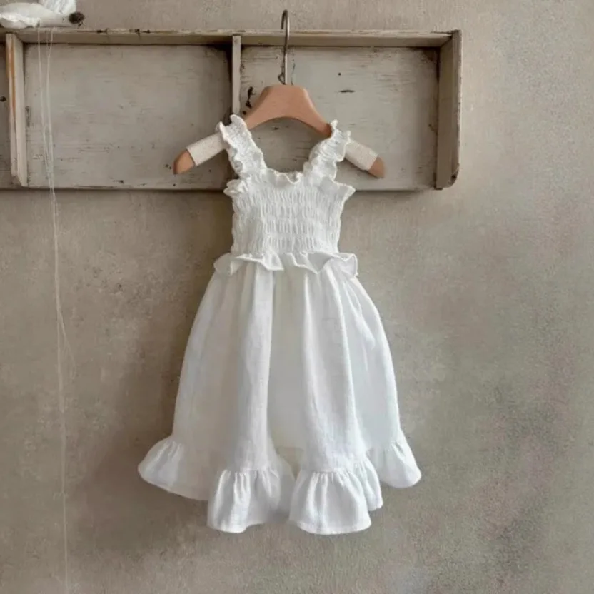 Girls' Summer Sleeveless Dress Baby Girl Solid Color Ruffle Leaf Edge Suspender Princess Dress Children's Dance Dress