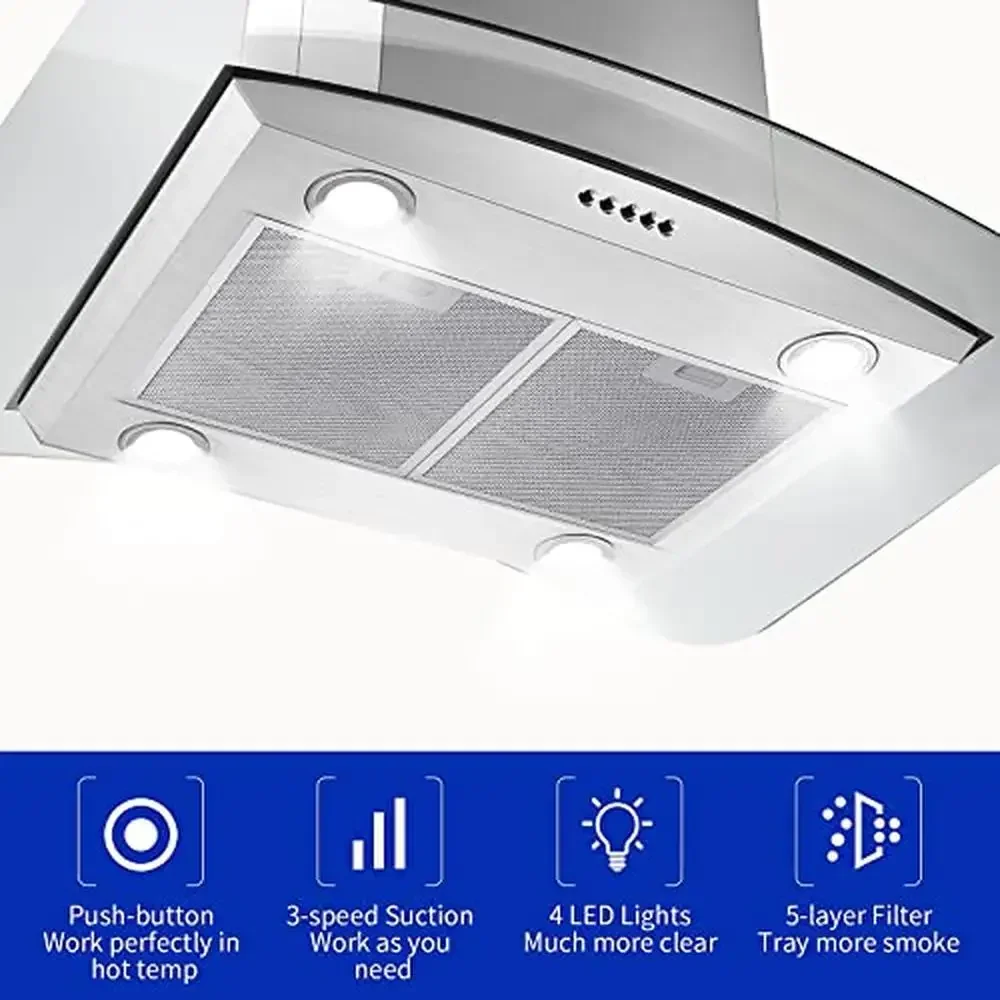 30" Stainless Steel Island Range Hood- 700 CFM Ventilation Fan 5-Layer Mesh Filters- Quiet Motor Adjustable Height- Push Button