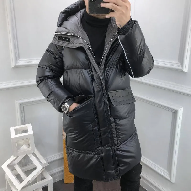 New Winter Mens Thicken Warm Medium Long Hooded Down Coat Stand Collar Zipper Fashion Casual Jacket Male High Street Overcoat