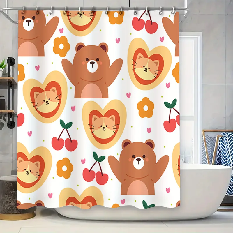

Очаровательная занавеска для душа в форме сердца с изображением животных для декора ванной комнаты с цветочным принтом вишни, белый фон с медведями, льва, кошкой