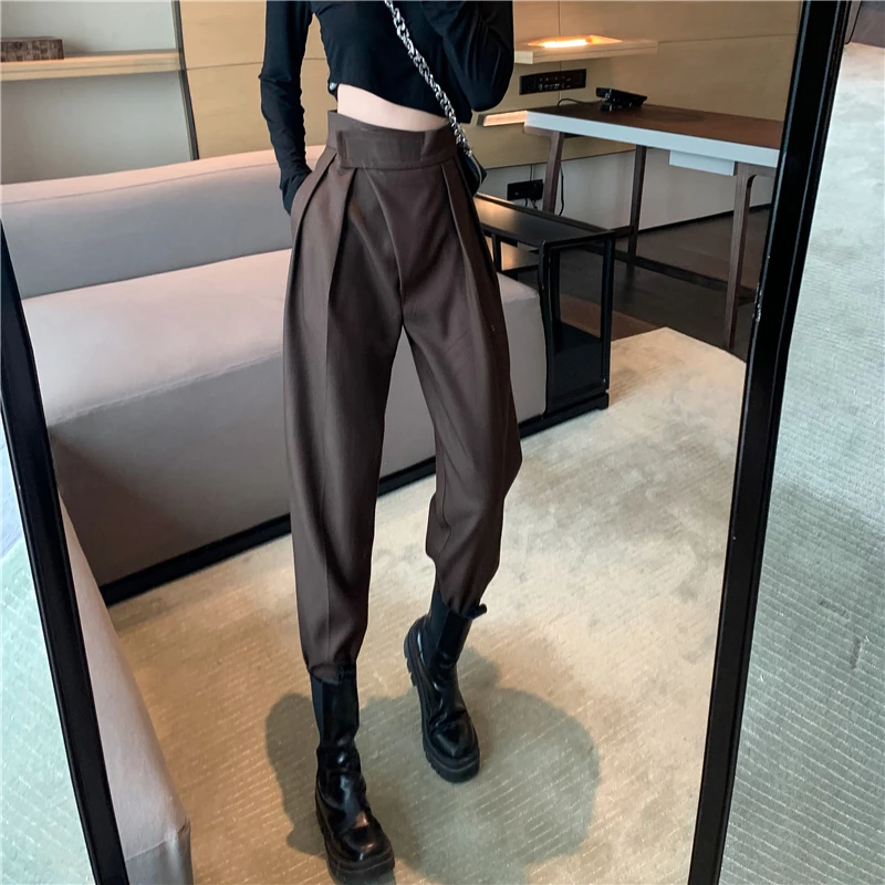 

Women Leisure High Waist Pants Fashion Loose Style Fit Slim Legs Suit Trousers Female Fall Spring All-Match Harlan Pencil Pants