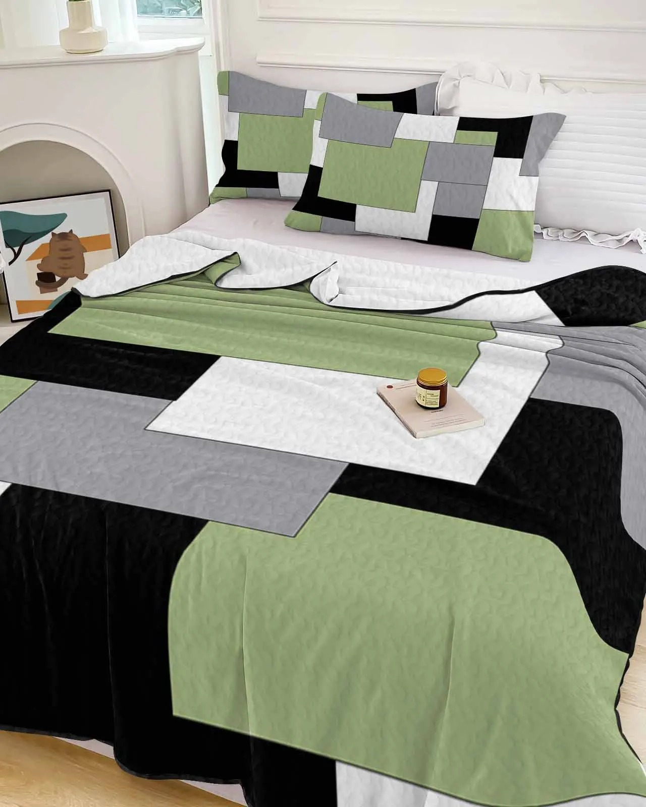 Green Black Grey Splicing Color Blocks Cooling Blankets Air Condition Comforter Lightweight Summer Quilt for Bed Soft Thin Quilt