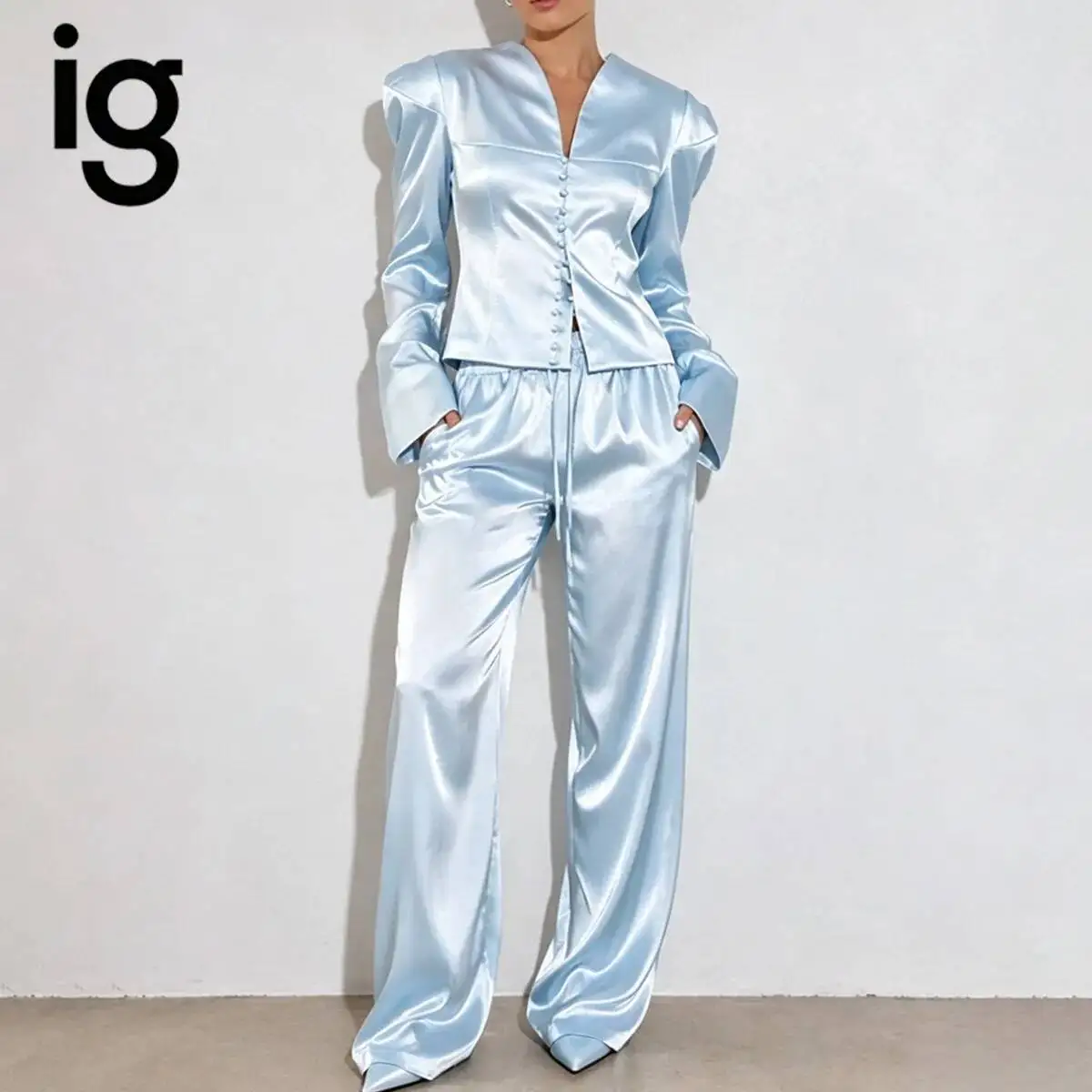 IG 26 Women's Glossy Satin Two Piece Co Ord Set, Deep V Neck Padded Shoulder Button Front Cropped Blazer & Elastic Drawstring