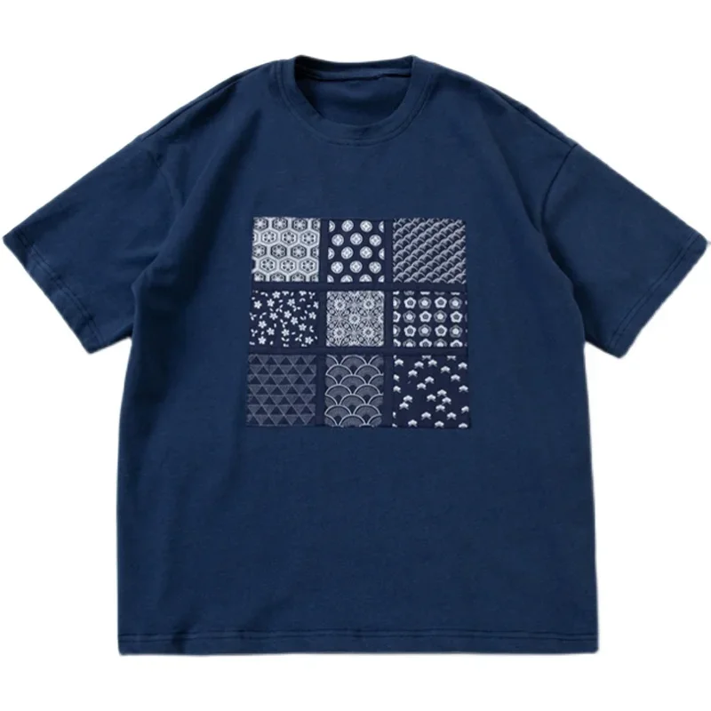 Cotton Blue Printed Cloth Jiugong Grid Pasted T-shirt Chinese National Style Men's Round Neck Short Sleeve Tees