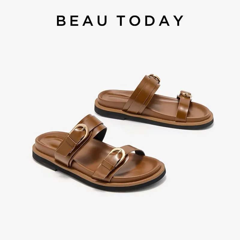 Шлепанцы BEAUTODAY женские из натуральной кожи, Повседневная летняя пляжная обувь с двумя ремешками, коричневые, ручная работа, 34085