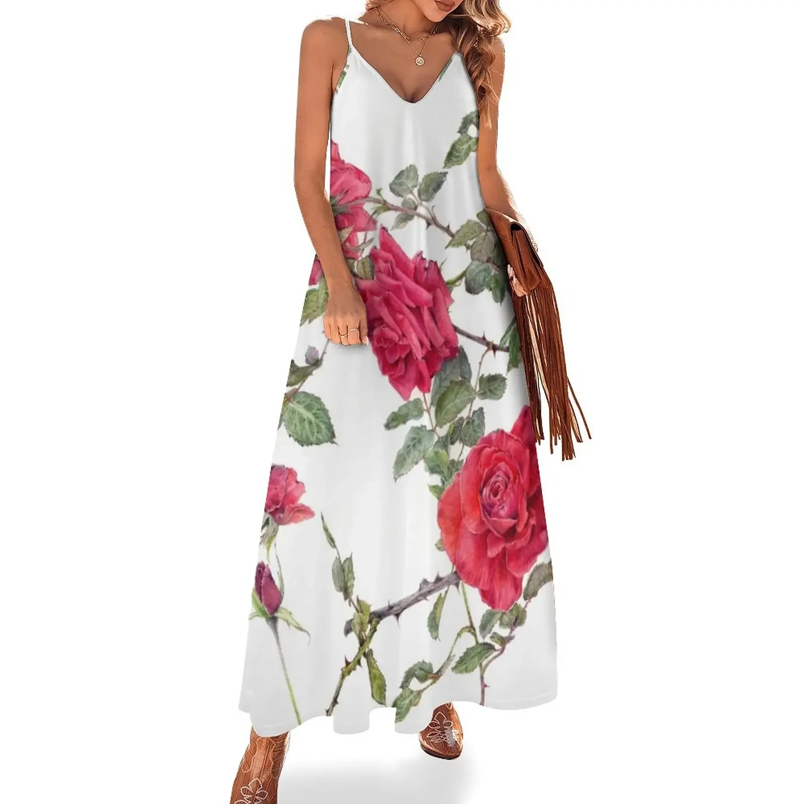 

Red Roses - Botanical Art Sleeveless Dress long dress women Bridesmaid dress woman