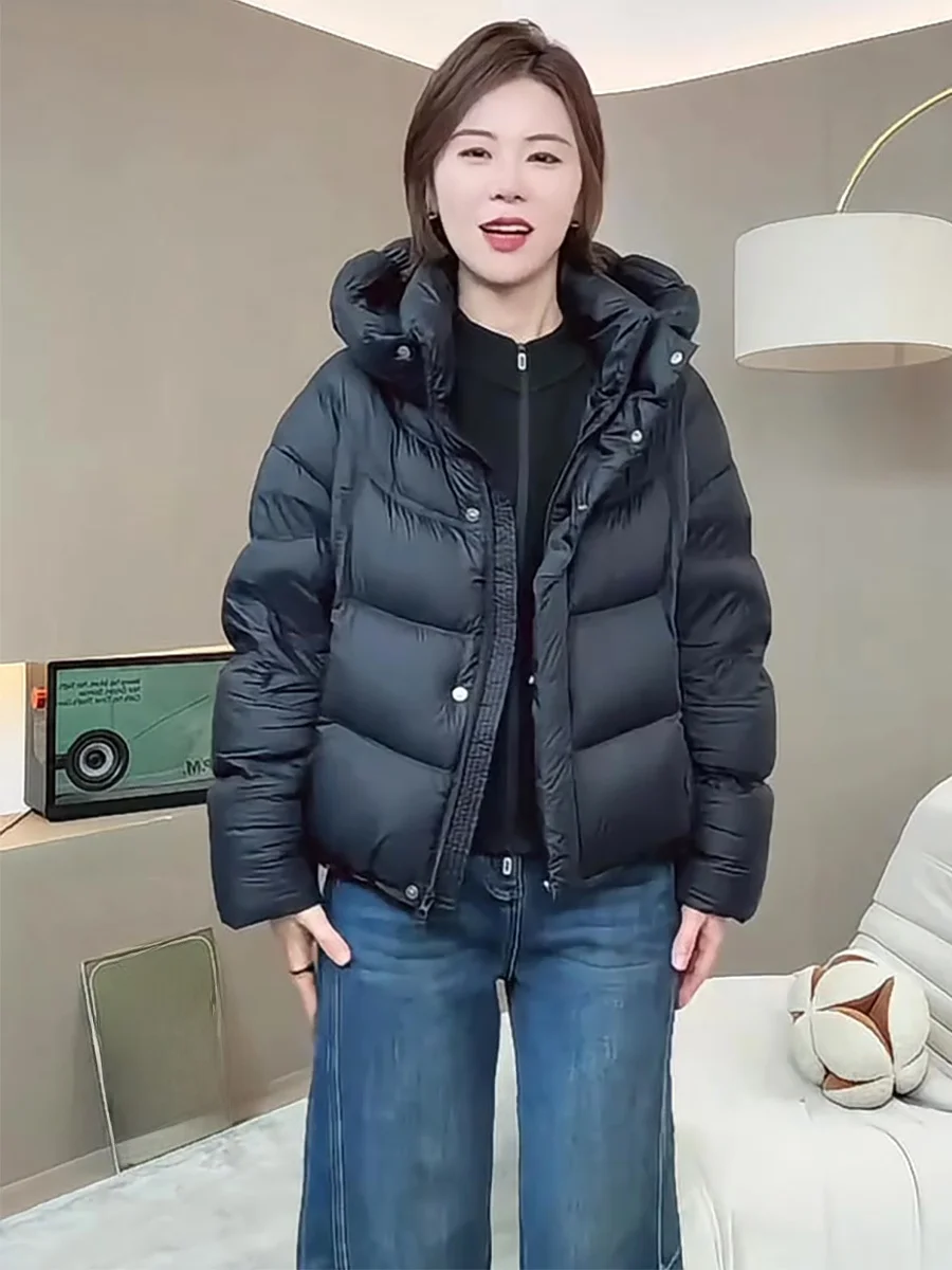 

Черная женская зимняя теплая куртка-пуховик с капюшоном, свободного кроя, на молнии, повседневная, с наполнителем из пуха