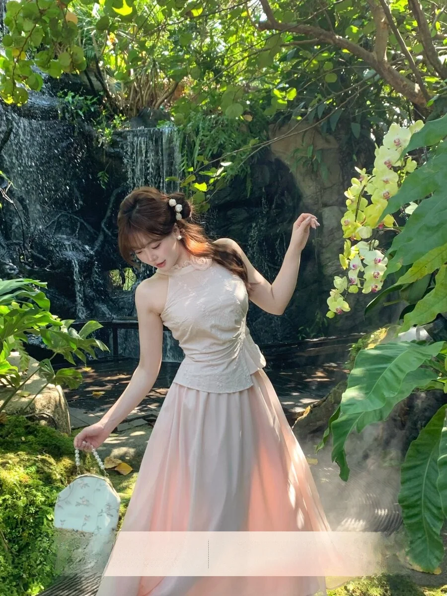 

New Chinese Style Pure Cotton Waist-Cinching Dress Spring Fashionable A-Line Skirt French Style Sleeveless Loose Fit Tourist