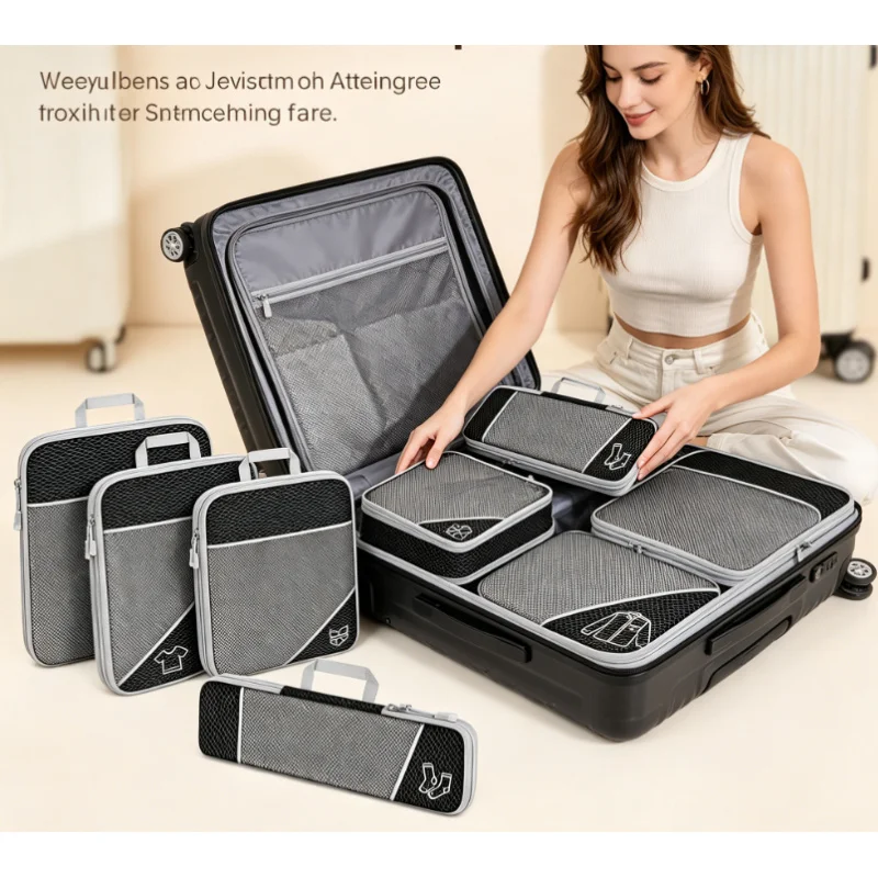 2026 New 5PCS Travel Compressed Packing Cubes Mesh Visual Storage Organizer Set with Shoe Bag for Luggage Suitcase