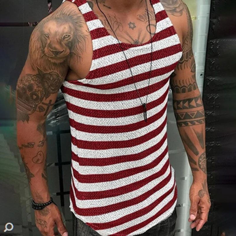 2024 European Station Men's New Summer Slim Fit Stripe Knit Shirt Men's Pullover Backing Knitted Tank Top