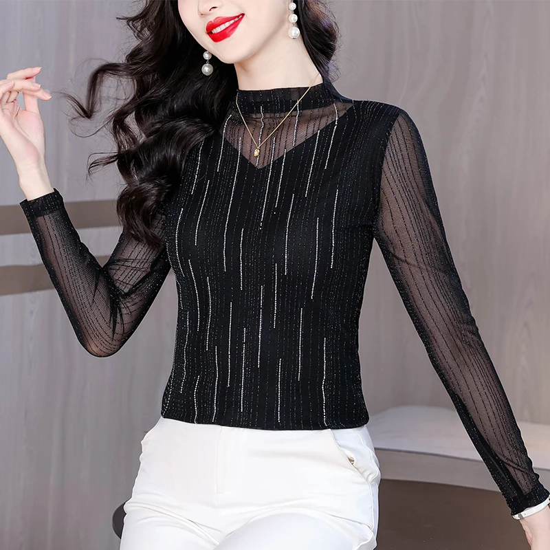 ربيع الخريف طويلة الأكمام الياقة المدورة المرأة تي شيرت أزياء عارضة الساخن الماس عالية تمتد شبكة قمم الملابس السوداء
