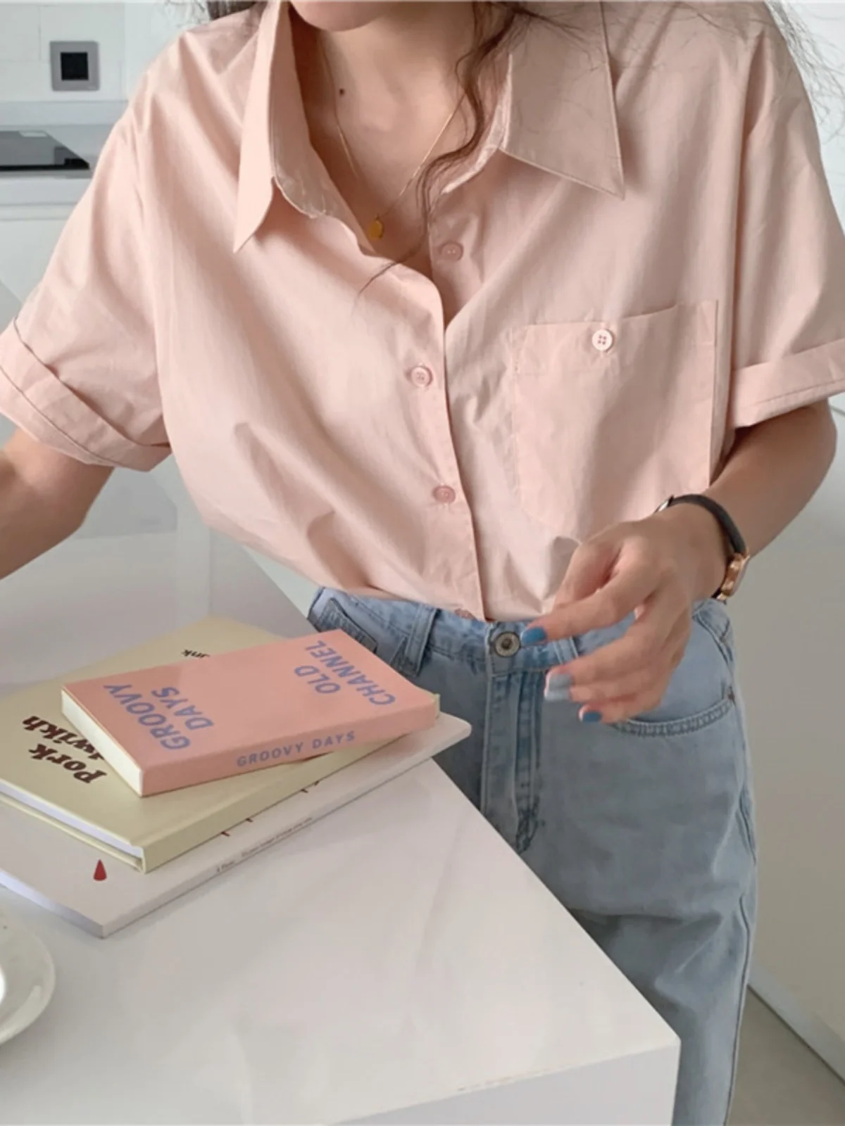 

Summer New Design Pink ort Sve Women's irt Vintage Faionable Age-Defng Pure Color Collar Top Fem Blouse