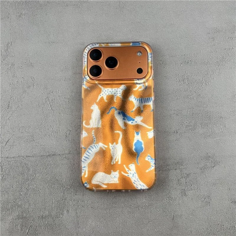 Custodia per telefono con gatto argento blu con fondo arancione perforato con ondulazione dell'acqua per iPhone 11 12 13 1 4 15 16 17 Pro Max